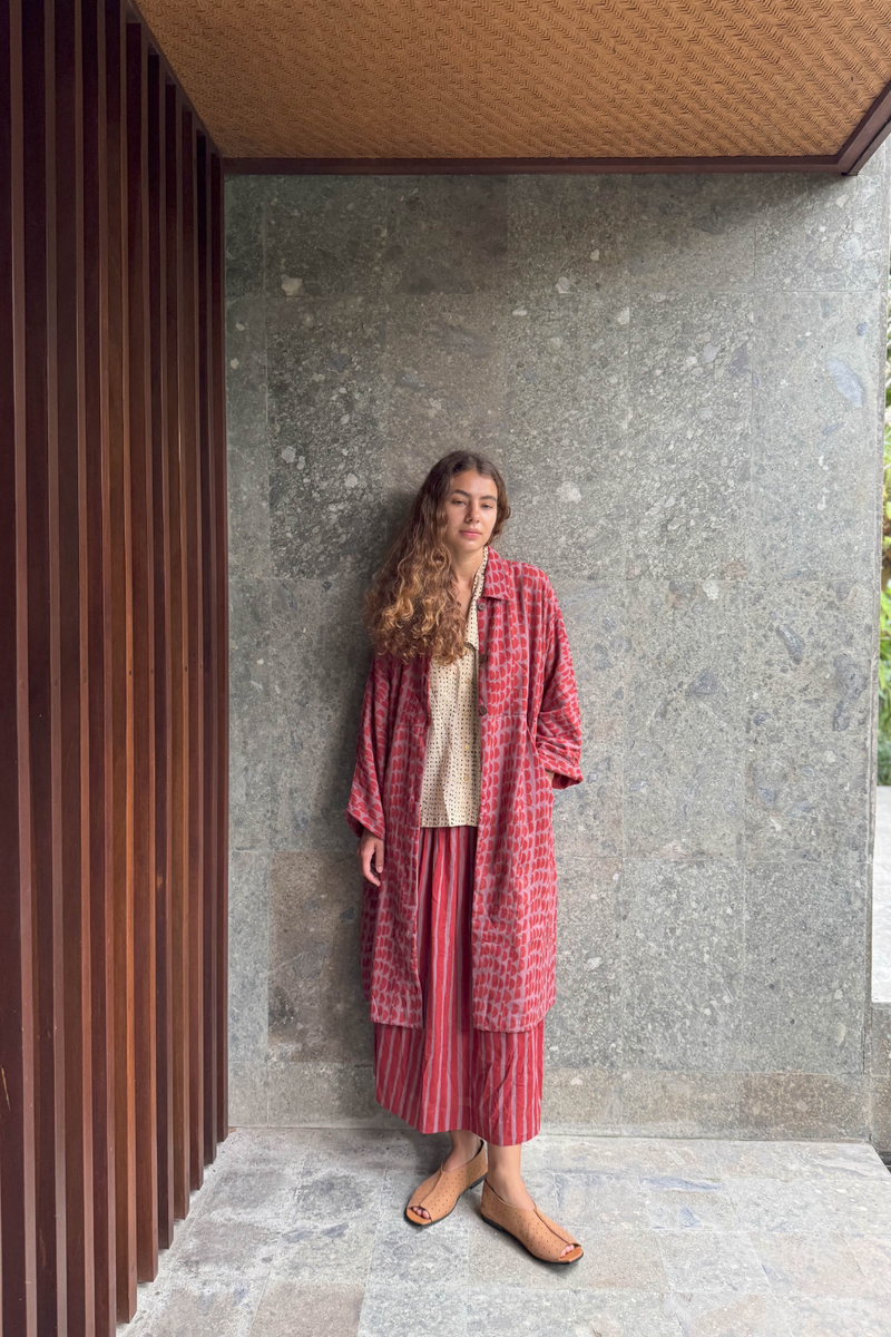 The Red Half Moons Duster Jacket cotton by World of Crow in red color for women Worldwide