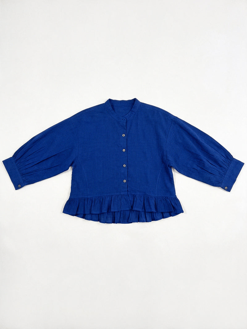 The Scarlet Frill Top-Royal Blue fine muslin top/shirt by World of Crow in blue for women Worldwide
