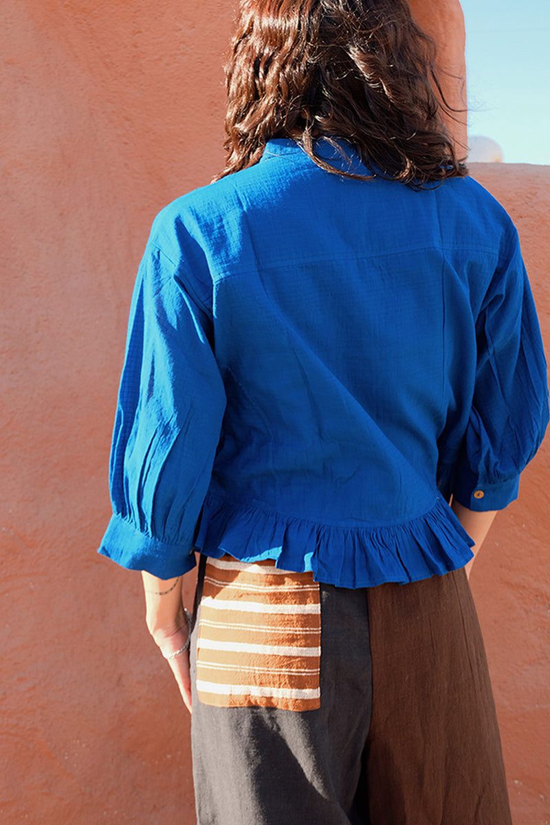 The Scarlet Frill Top-Royal Blue fine muslin top/shirt by World of Crow in blue for women Worldwide