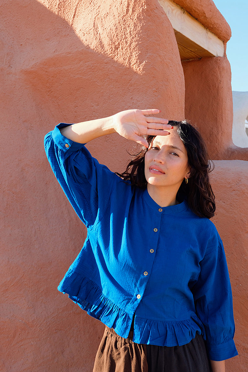 The Scarlet Frill Top-Royal Blue fine muslin top/shirt by World of Crow in blue for women Worldwide