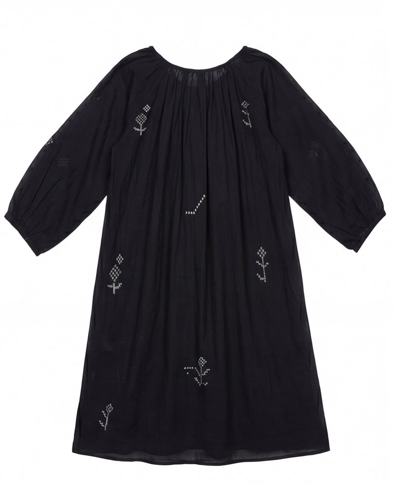 The Scoop-Neck Gathered Dress-Black cotton jamdani dress by World of Crow in black for women Worldwide