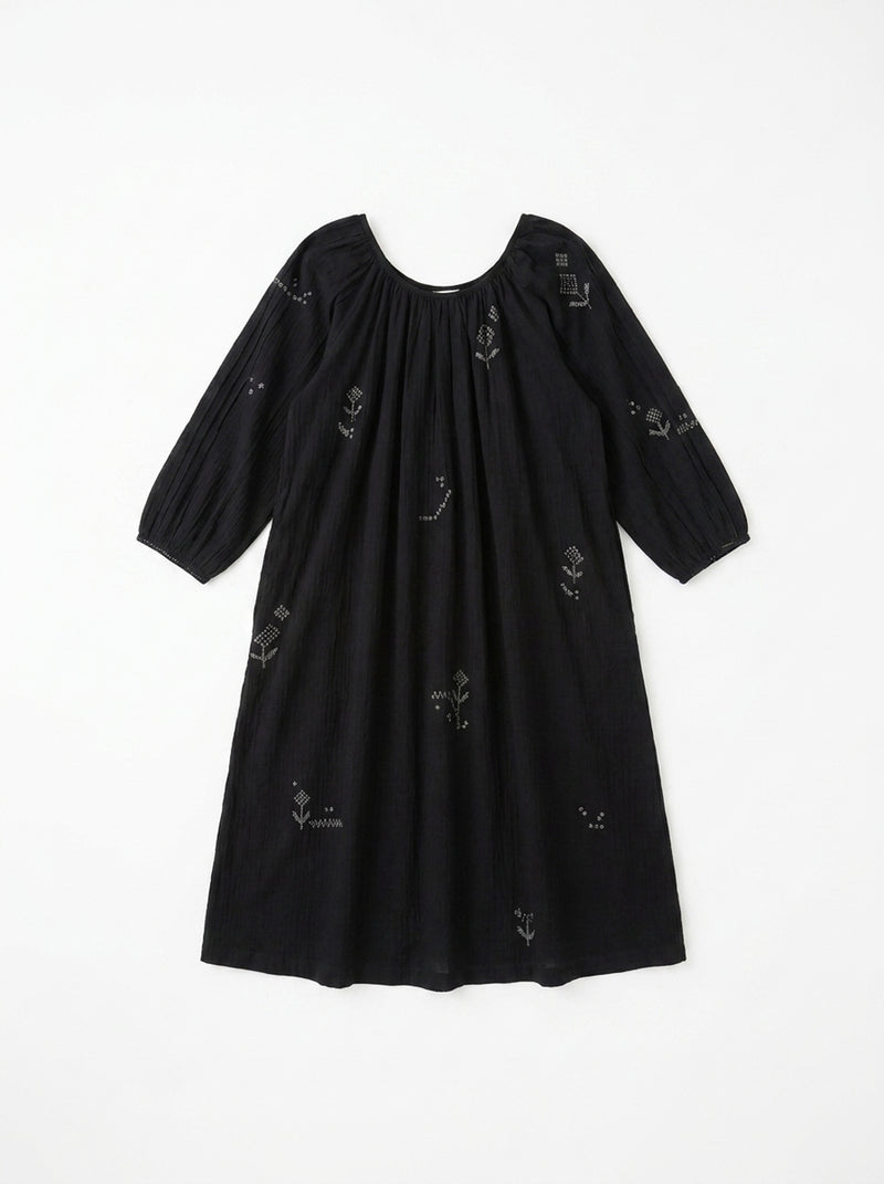The Scoop-Neck Gathered Dress-Black cotton jamdani dress by World of Crow in black for women Worldwide