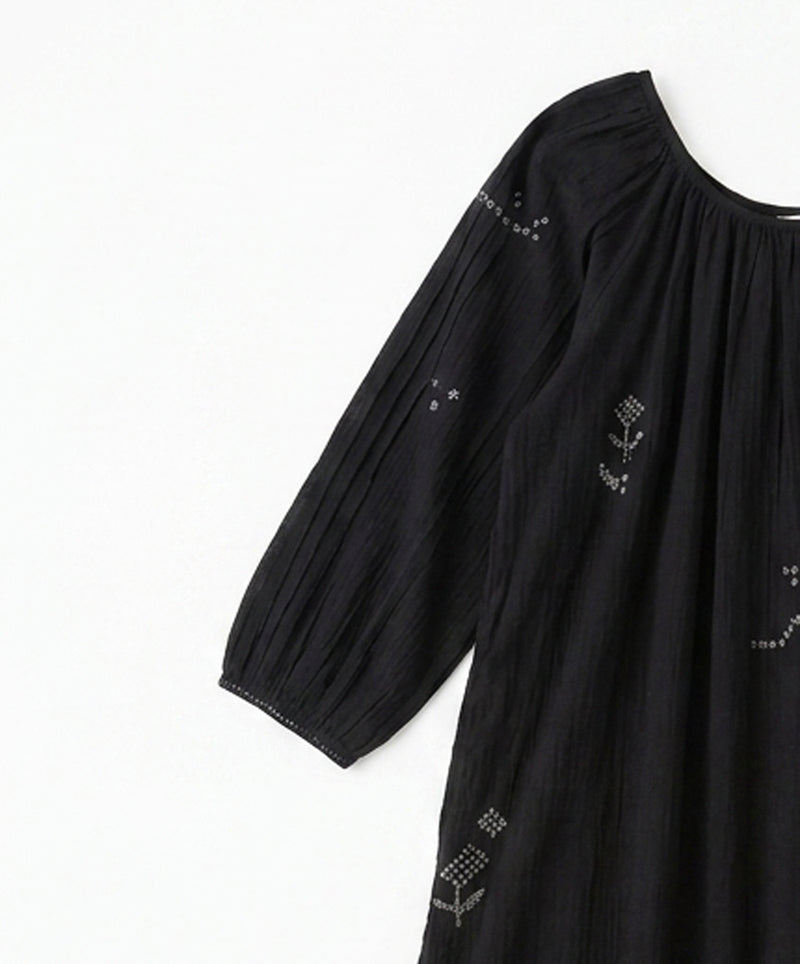 The Scoop-Neck Gathered Dress-Black cotton jamdani dress by World of Crow in black for women Worldwide
