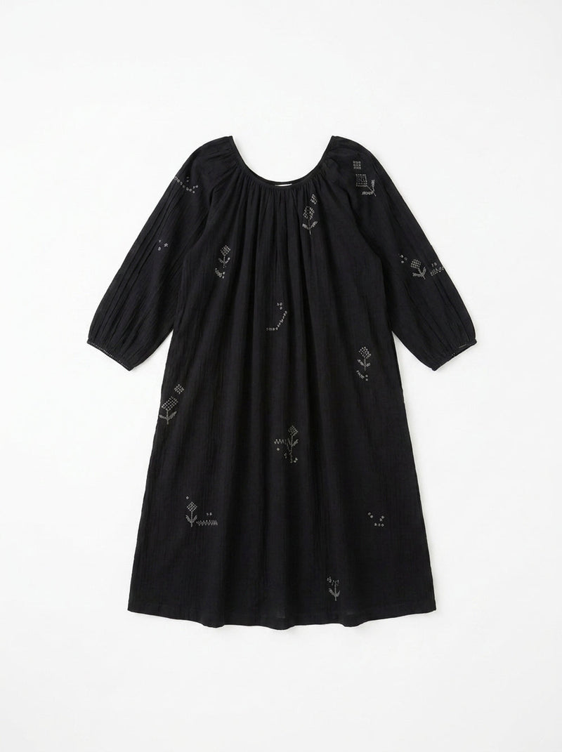 The Scoop-Neck Gathered Dress-Black cotton jamdani dress by World of Crow in black for women Worldwide