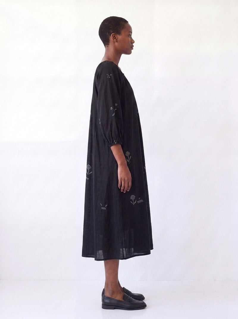 The Scoop-Neck Gathered Dress-Black cotton jamdani dress by World of Crow in black for women Worldwide