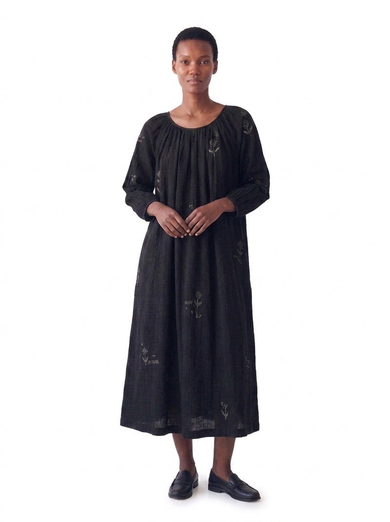 The Scoop-Neck Gathered Dress-Black cotton jamdani dress by World of Crow in black for women Worldwide