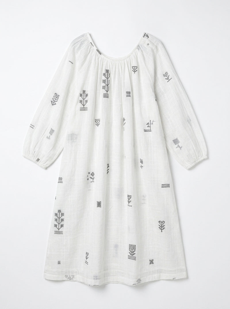 The Scoop-Neck Gathered Dress-White cotton jamdani dress by World of Crow in white for women Worldwide
