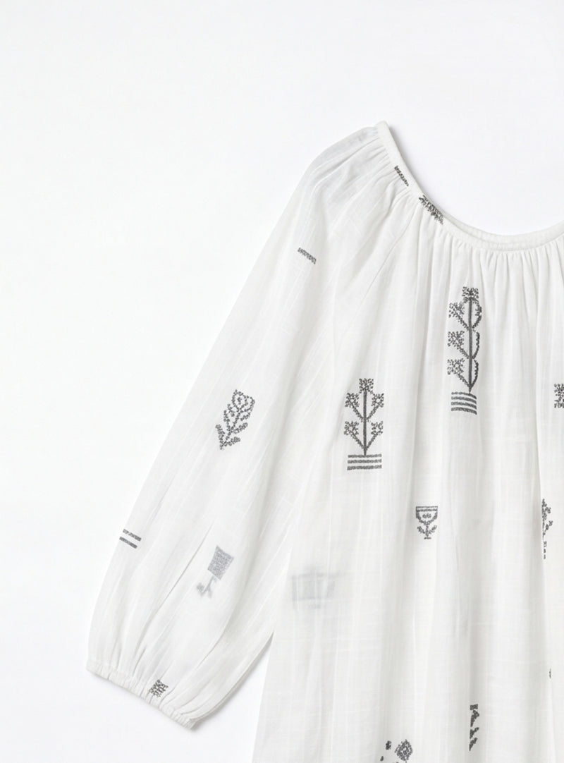 The Scoop-Neck Gathered Dress-White cotton jamdani dress by World of Crow in white for women Worldwide