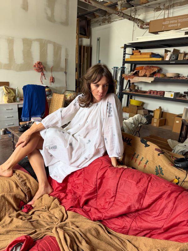 The Scoop-Neck Gathered Dress-White cotton jamdani dress by World of Crow in white for women Worldwide