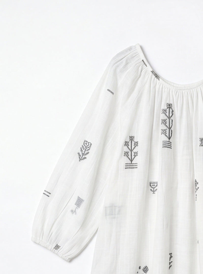 The Scoop-Neck Gathered Dress-White cotton jamdani dress by World of Crow in white for women Worldwide