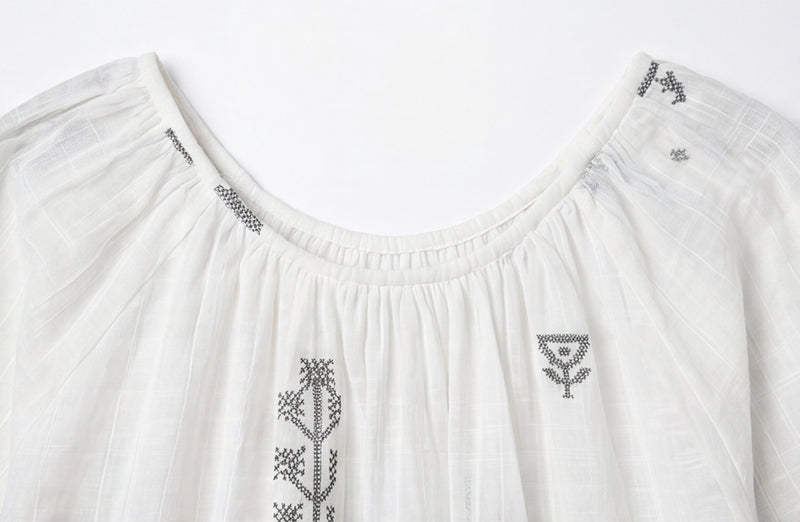 The Scoop-Neck Gathered Dress-White cotton jamdani dress by World of Crow in white for women Worldwide