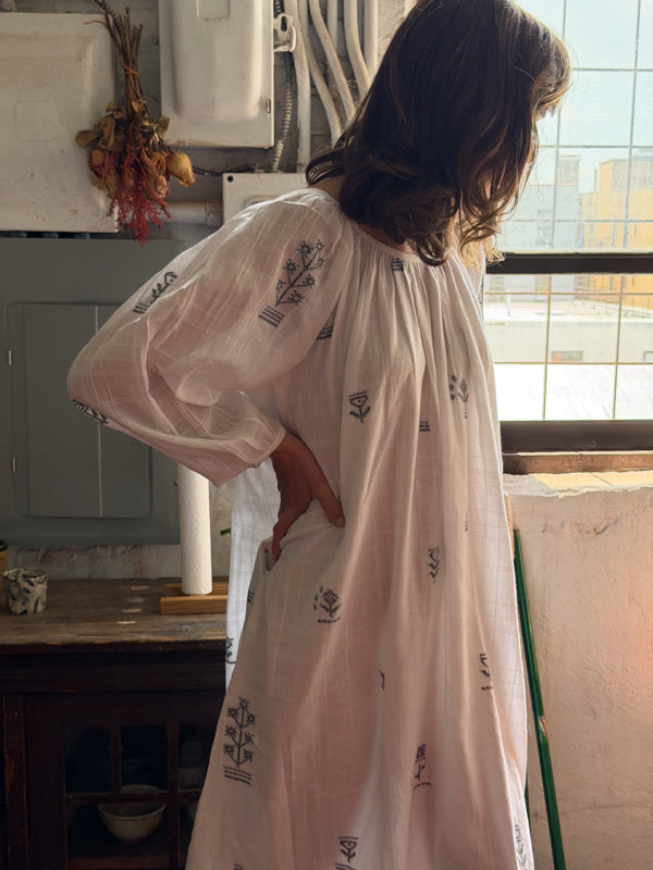 The Scoop-Neck Gathered Dress-White cotton jamdani dress by World of Crow in white for women Worldwide