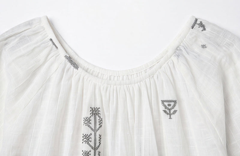 The Scoop-Neck Gathered Dress-White cotton jamdani dress by World of Crow in white for women Worldwide