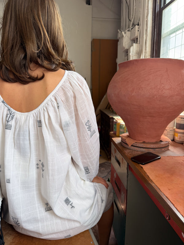 The Scoop-Neck Gathered Dress-White cotton jamdani dress by World of Crow in white for women Worldwide