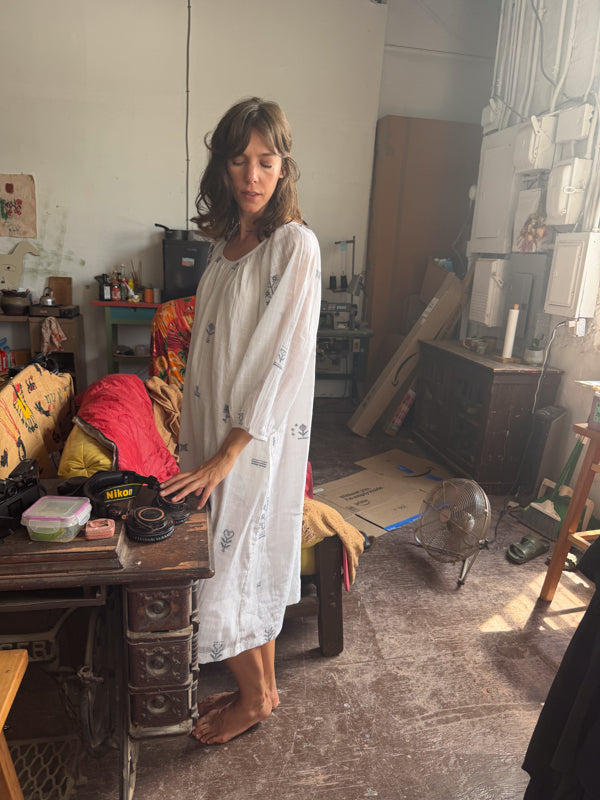 The Scoop-Neck Gathered Dress-White cotton jamdani dress by World of Crow in white for women Worldwide