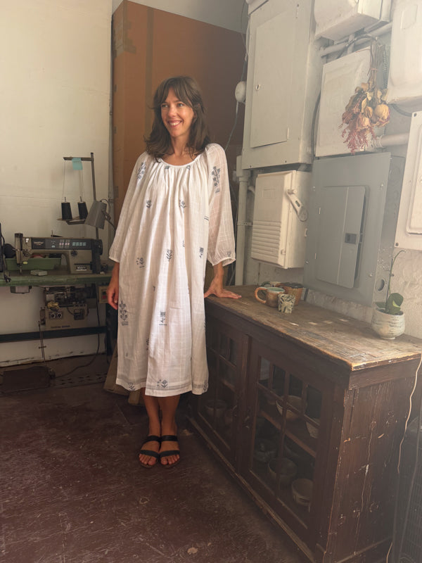 The Scoop-Neck Gathered Dress-White cotton jamdani dress by World of Crow in white for women Worldwide