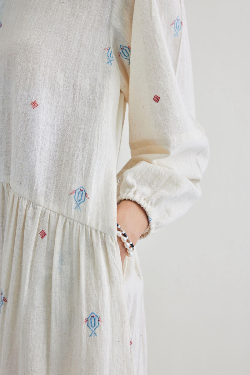 The Shoal Handwoven Kala Cotton Maxi Dress cotton by SUI in white color for women Worldwide