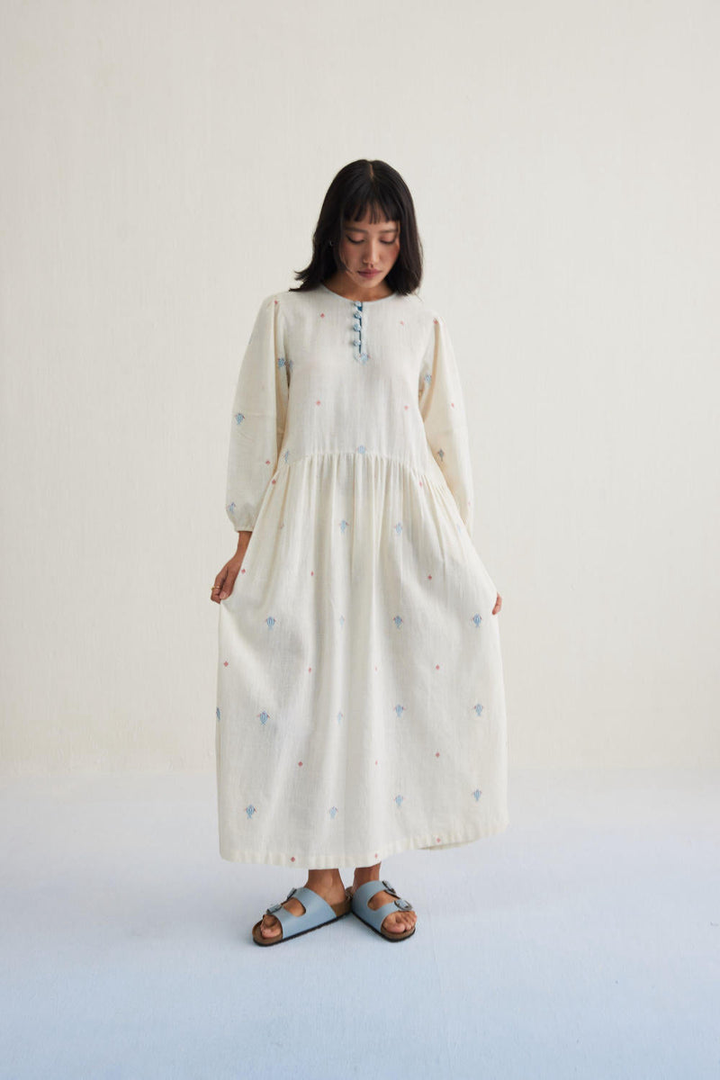 The Shoal Handwoven Kala Cotton Maxi Dress cotton by SUI in white color for women Worldwide