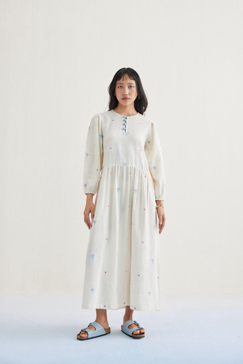 The Shoal Handwoven Kala Cotton Maxi Dress cotton by SUI in white color for women Worldwide