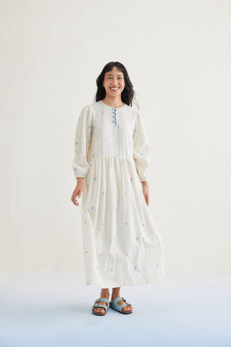 The Shoal Handwoven Kala Cotton Maxi Dress cotton by SUI in white color for women Worldwide