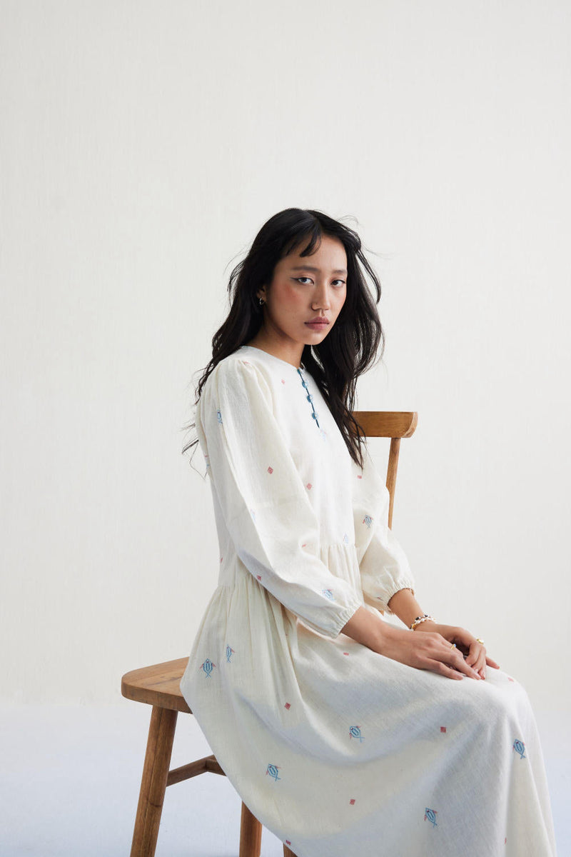 The Shoal Handwoven Kala Cotton Maxi Dress cotton by SUI in white color for women Worldwide