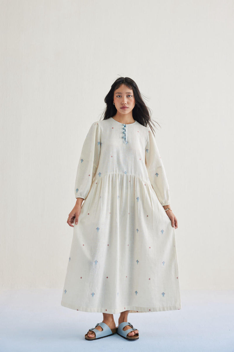 The Shoal Handwoven Kala Cotton Maxi Dress cotton by SUI in white color for women Worldwide