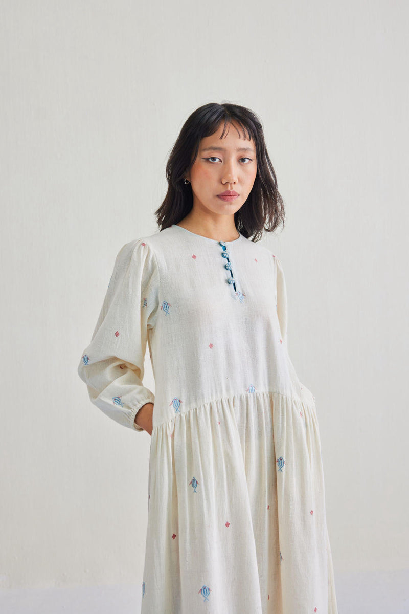 The Shoal Handwoven Kala Cotton Maxi Dress cotton by SUI in white color for women Worldwide