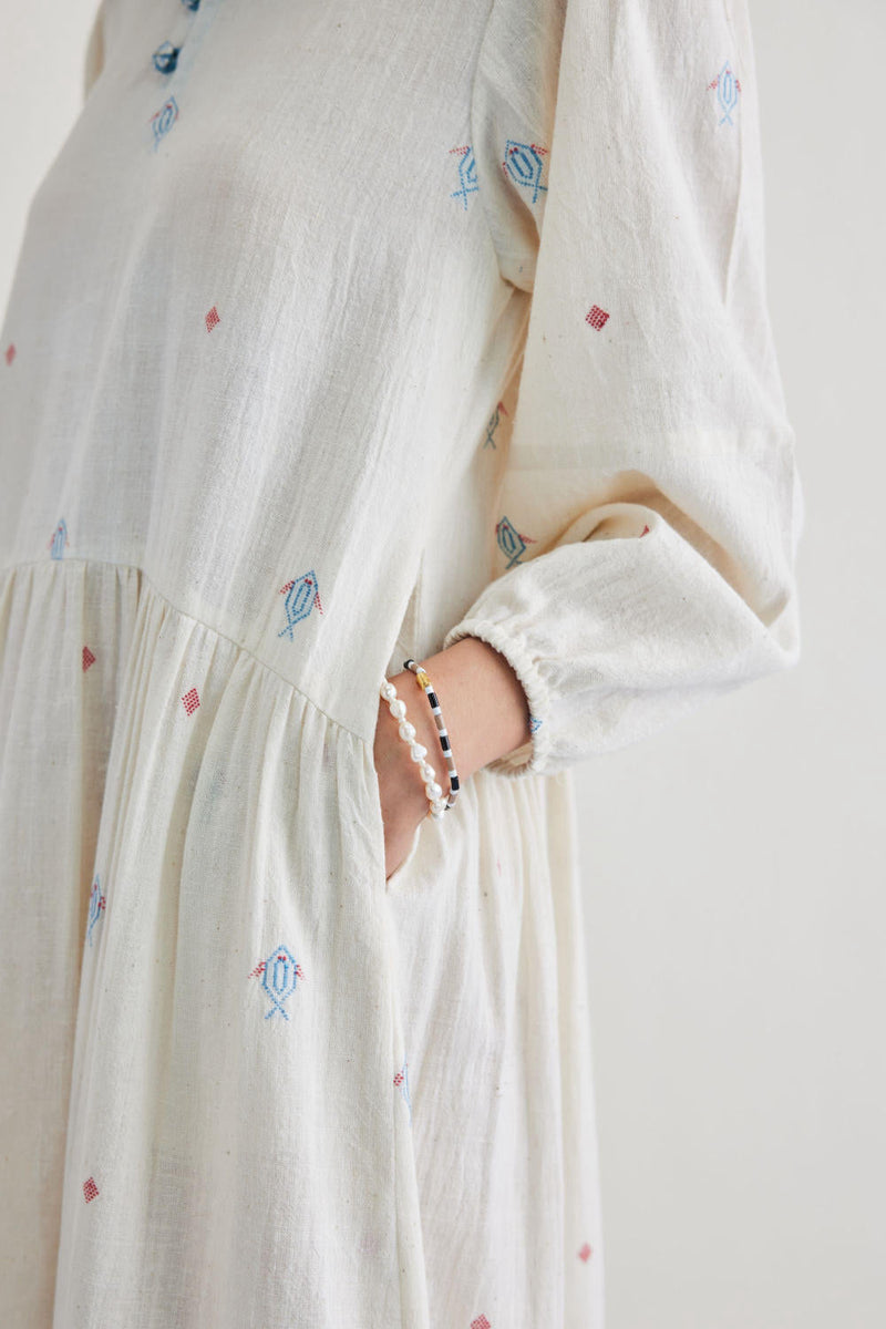 The Shoal Handwoven Kala Cotton Maxi Dress cotton by SUI in white color for women Worldwide