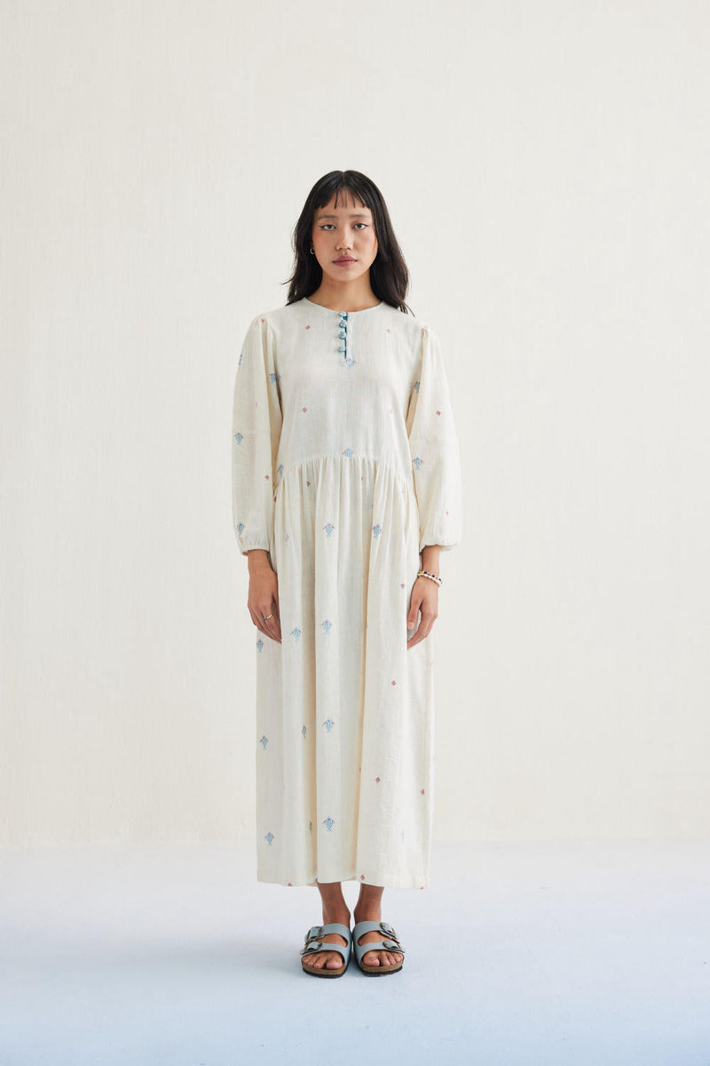 The Shoal Handwoven Kala Cotton Maxi Dress cotton by SUI in white color for women Worldwide