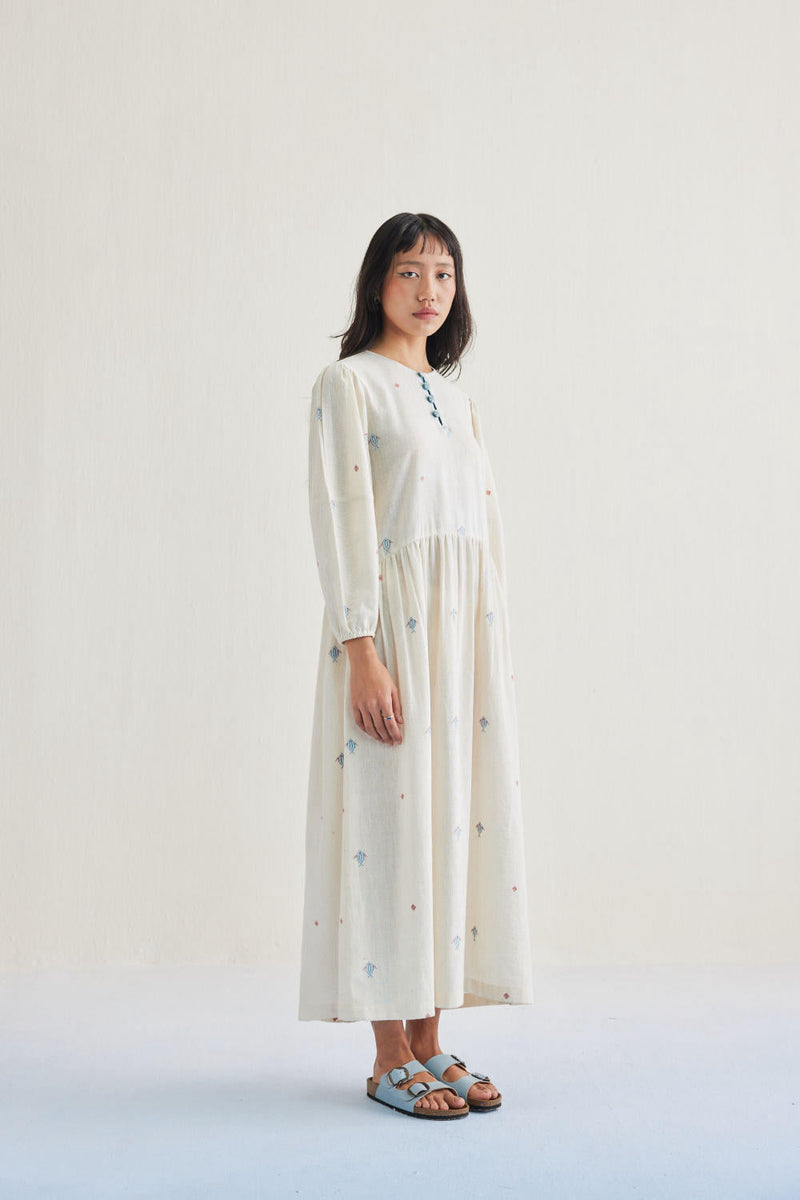 The Shoal Handwoven Kala Cotton Maxi Dress cotton by SUI in white color for women Worldwide