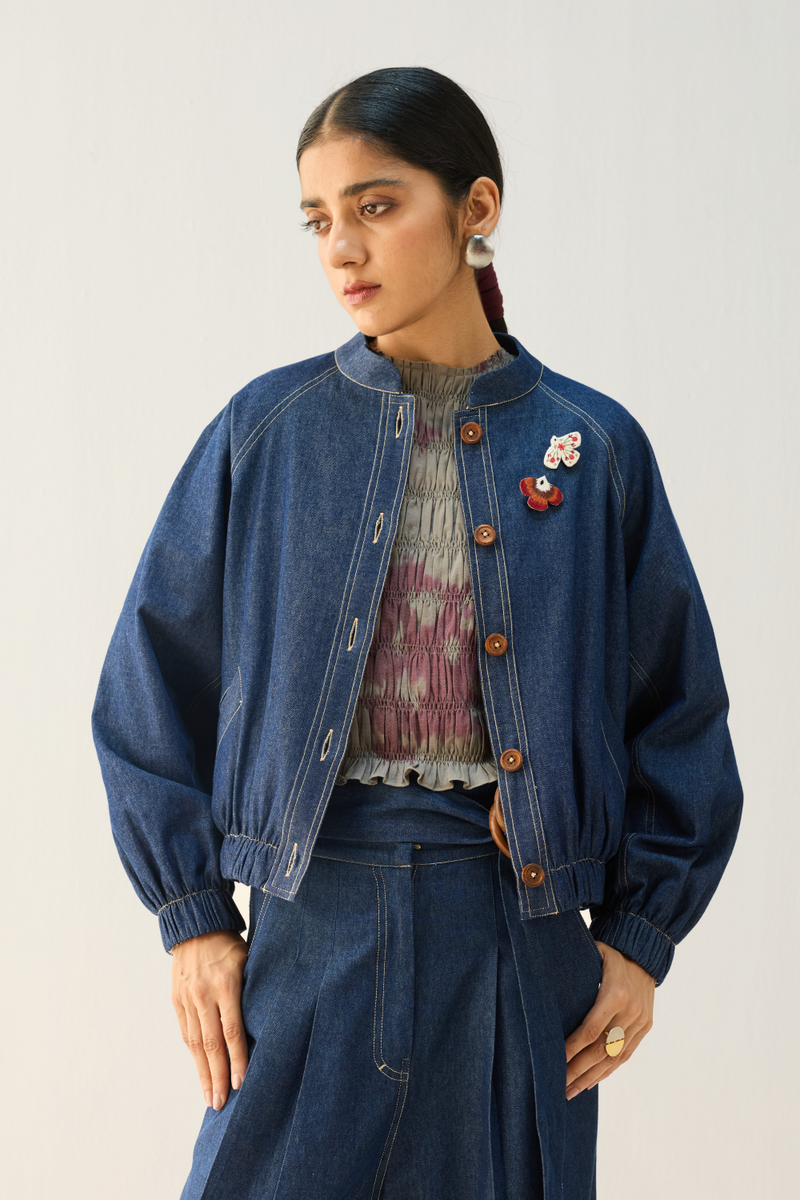The Slow Sustainable Denim Bomber Jacket cotton by Sui in blue color for women Worldwide