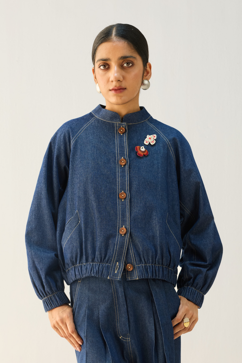 The Slow Sustainable Denim Bomber Jacket cotton by Sui in blue color for women Worldwide