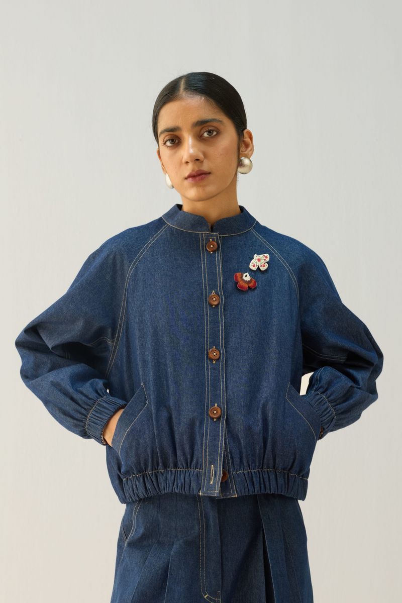 The Slow Sustainable Denim Bomber Jacket cotton by Sui in blue color for women Worldwide