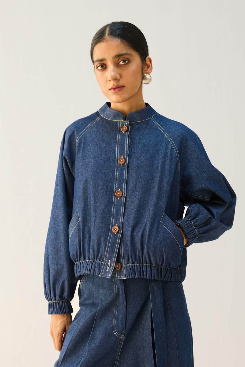 The Slow Sustainable Denim Bomber Jacket cotton by Sui in blue color for women Worldwide