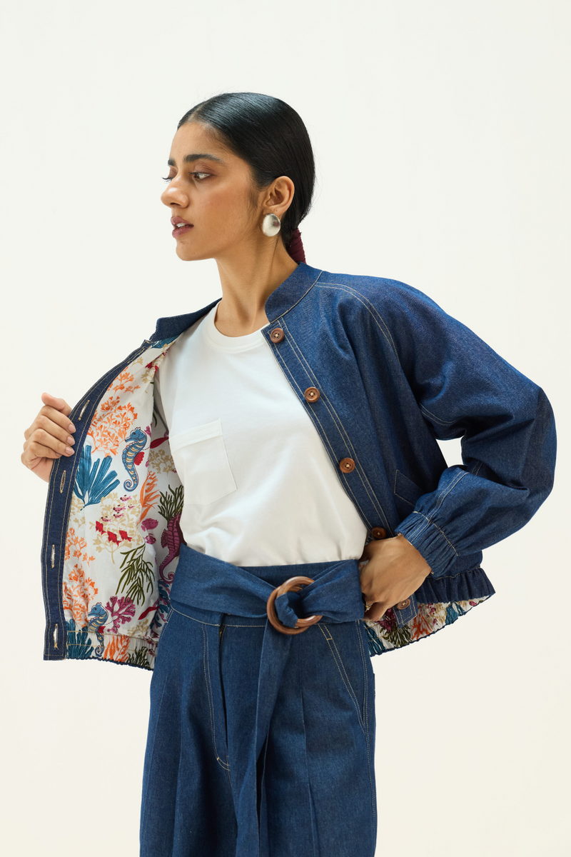 The Slow Sustainable Denim Bomber Jacket cotton by Sui in blue color for women Worldwide