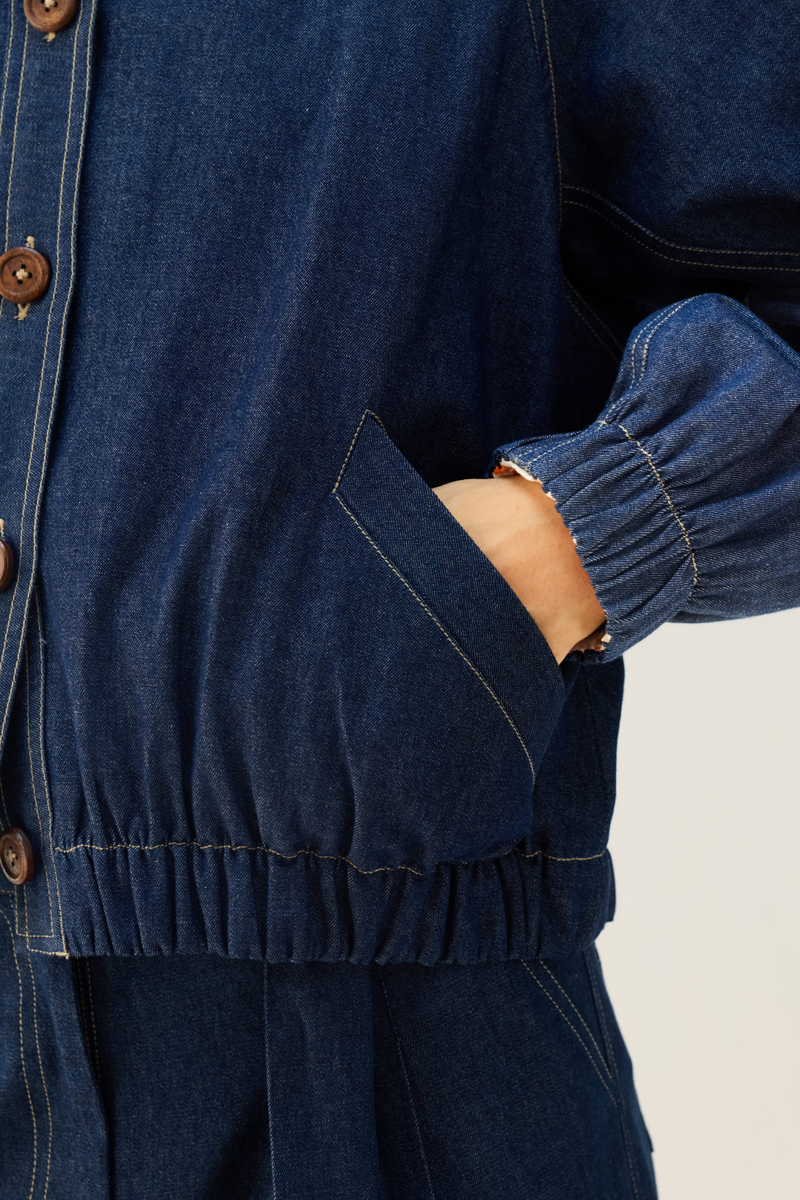 The Slow Sustainable Denim Bomber Jacket cotton by Sui in blue color for women Worldwide