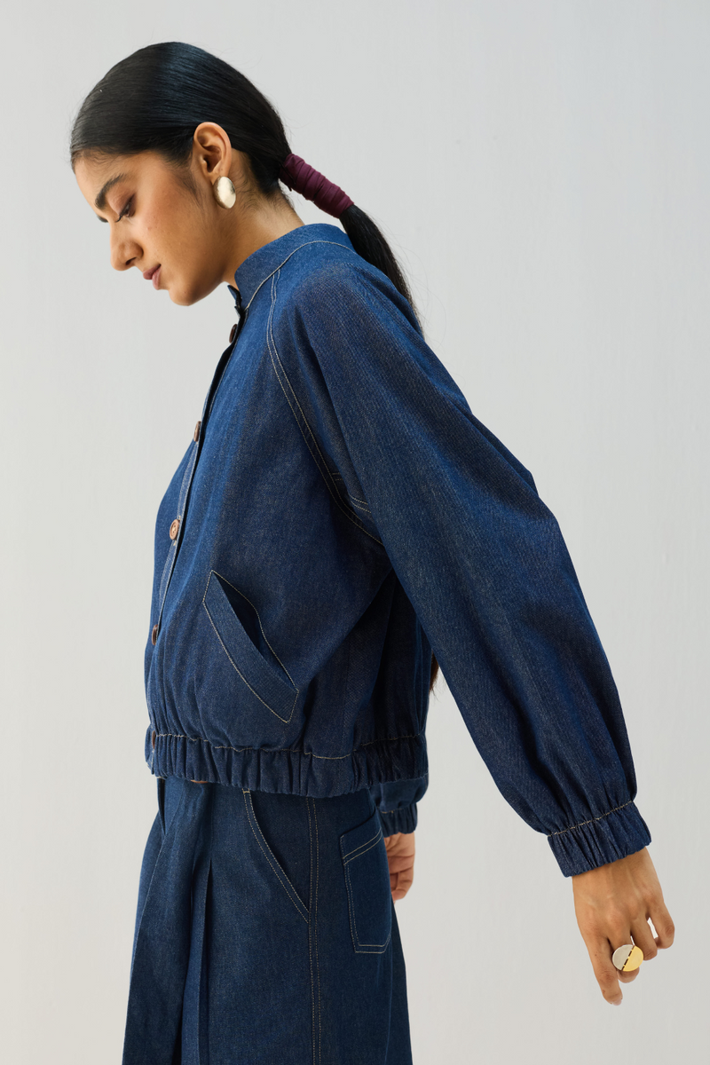 The Slow Sustainable Denim Bomber Jacket cotton by Sui in blue color for women Worldwide