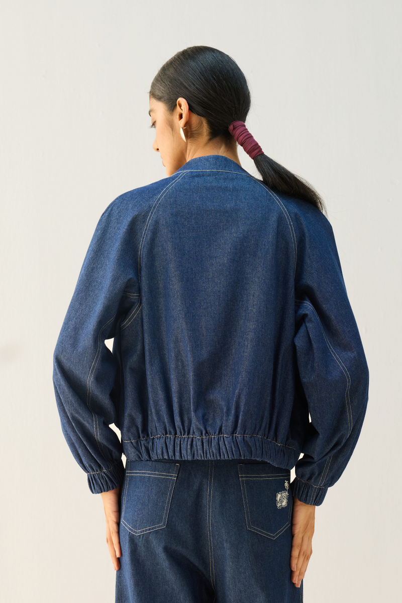 The Slow Sustainable Denim Bomber Jacket cotton by Sui in blue color for women Worldwide