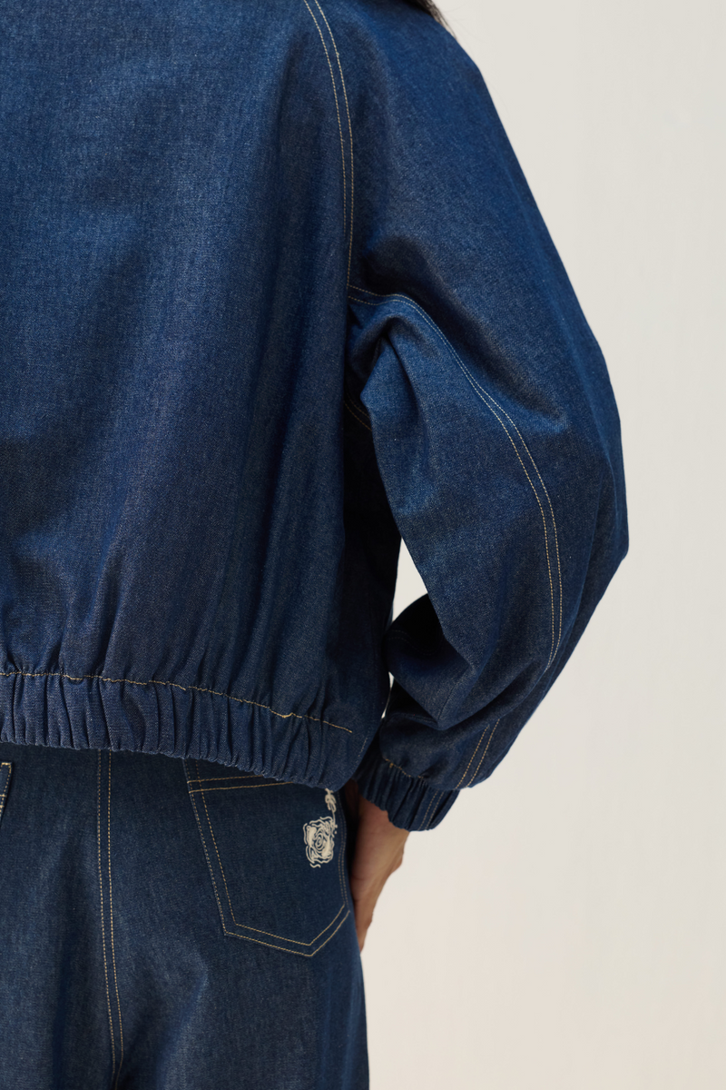The Slow Sustainable Denim Bomber Jacket cotton by Sui in blue color for women Worldwide