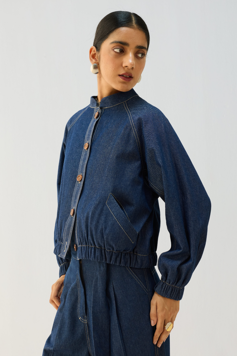 The Slow Sustainable Denim Bomber Jacket cotton by Sui in blue color for women Worldwide