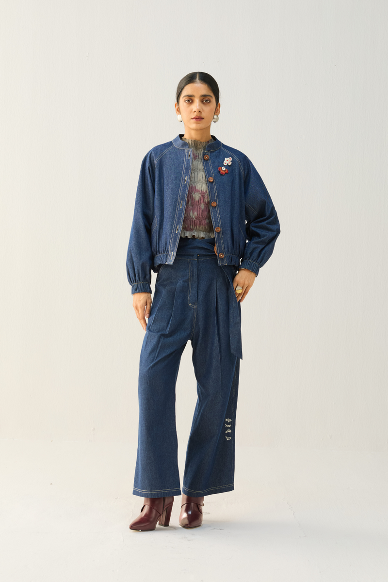 The Slow Sustainable Denim Bomber Jacket cotton by Sui in blue color for women Worldwide