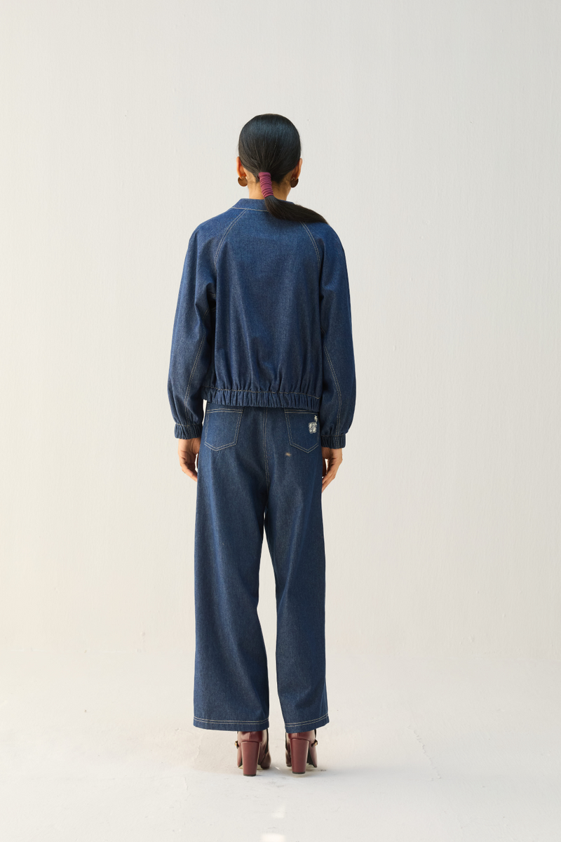 The Slow Sustainable Denim Bomber Jacket cotton by Sui in blue color for women Worldwide