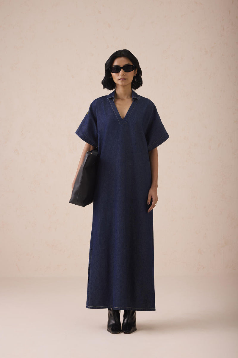 The Slow Sustainable Denim Maxi Dress cotton by SUI in blue color for women Worldwide