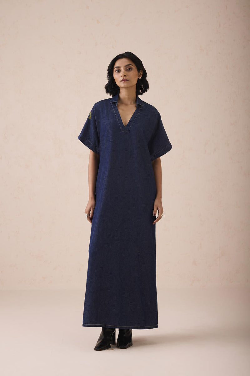 The Slow Sustainable Denim Maxi Dress cotton by SUI in blue color for women Worldwide