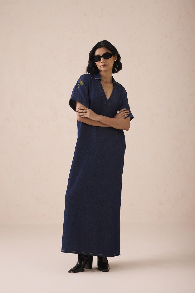 The Slow Sustainable Denim Maxi Dress cotton by SUI in blue color for women Worldwide