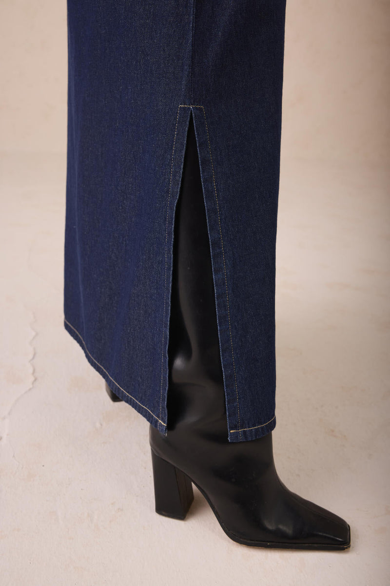 The Slow Sustainable Denim Maxi Dress cotton by SUI in blue color for women Worldwide