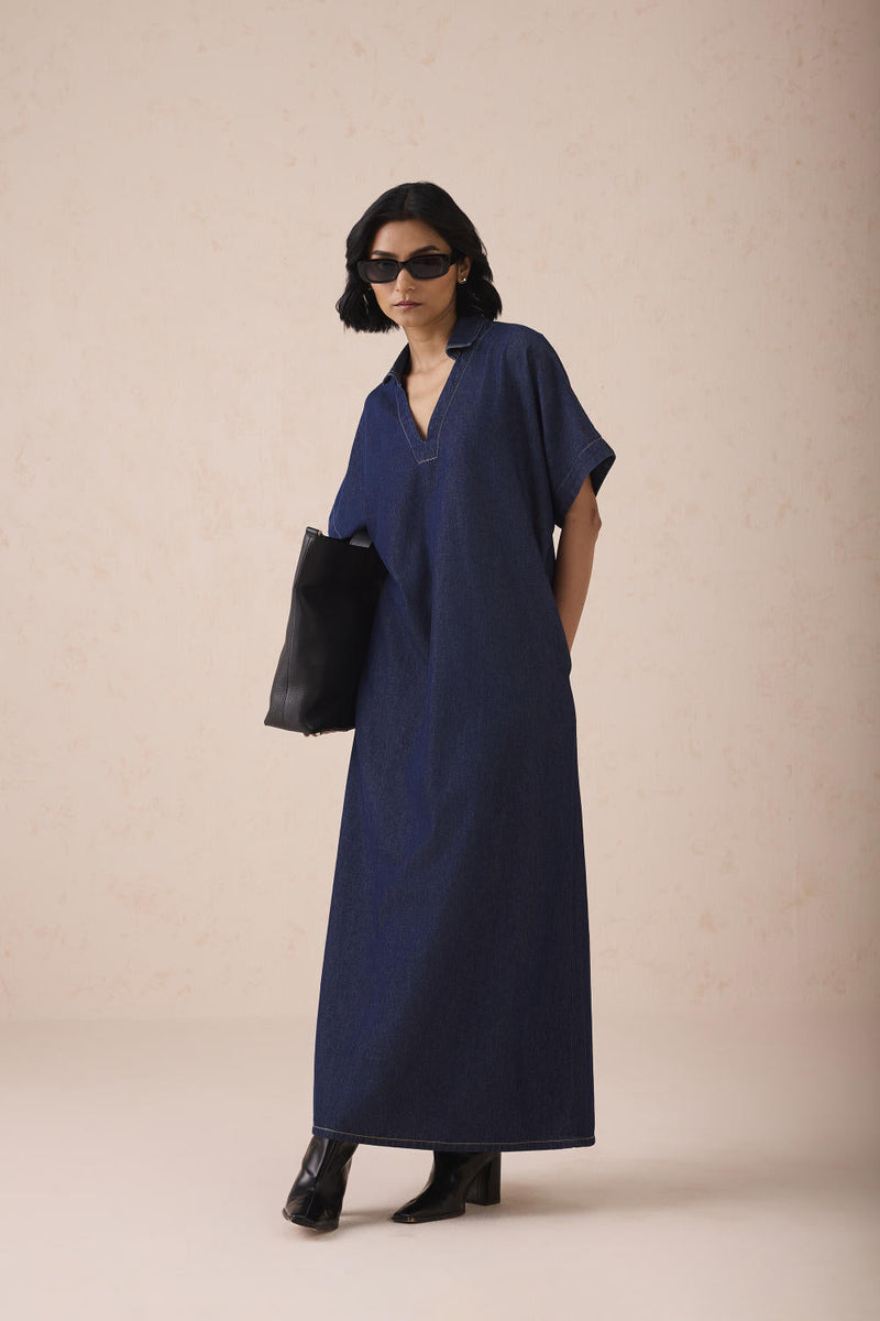 The Slow Sustainable Denim Maxi Dress cotton by SUI in blue color for women Worldwide