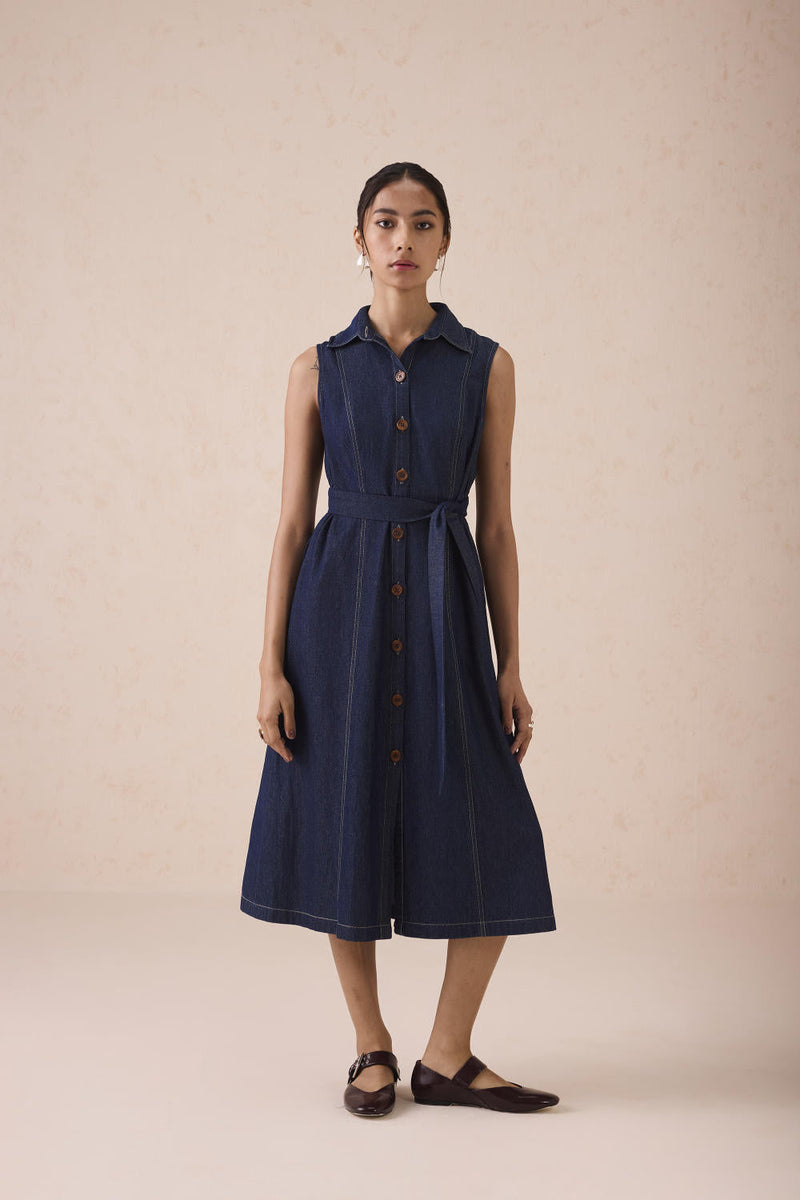 The Sunrise Denim Midi Dress cotton by SUI in blue color for women Worldwide