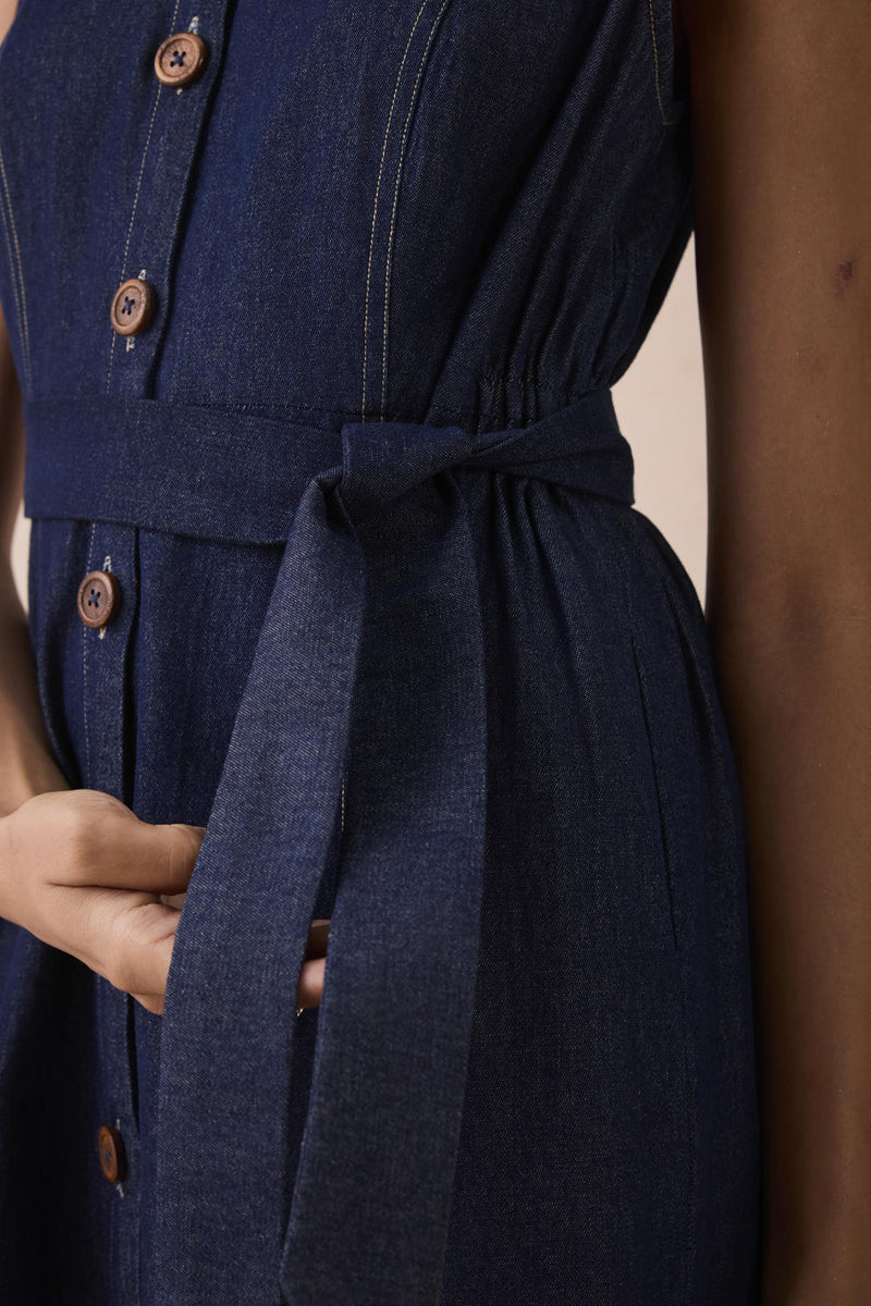 The Sunrise Denim Midi Dress cotton by SUI in blue color for women Worldwide