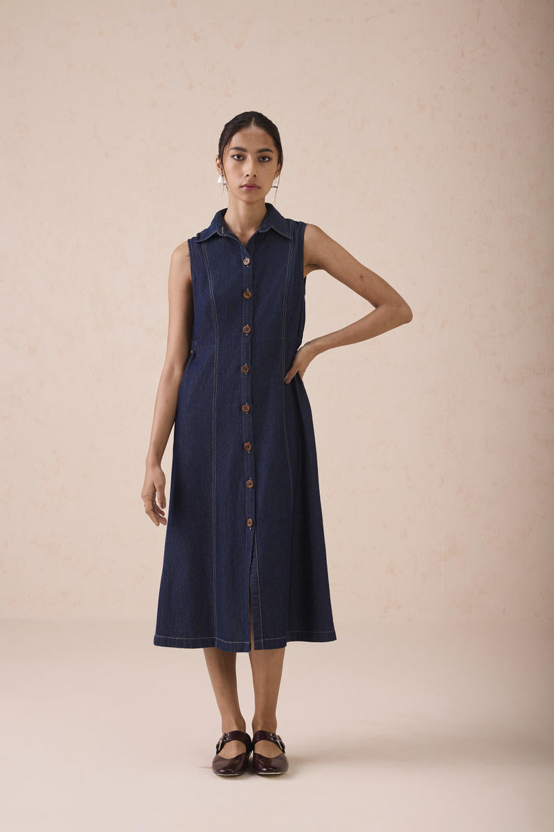 The Sunrise Denim Midi Dress cotton by SUI in blue color for women Worldwide